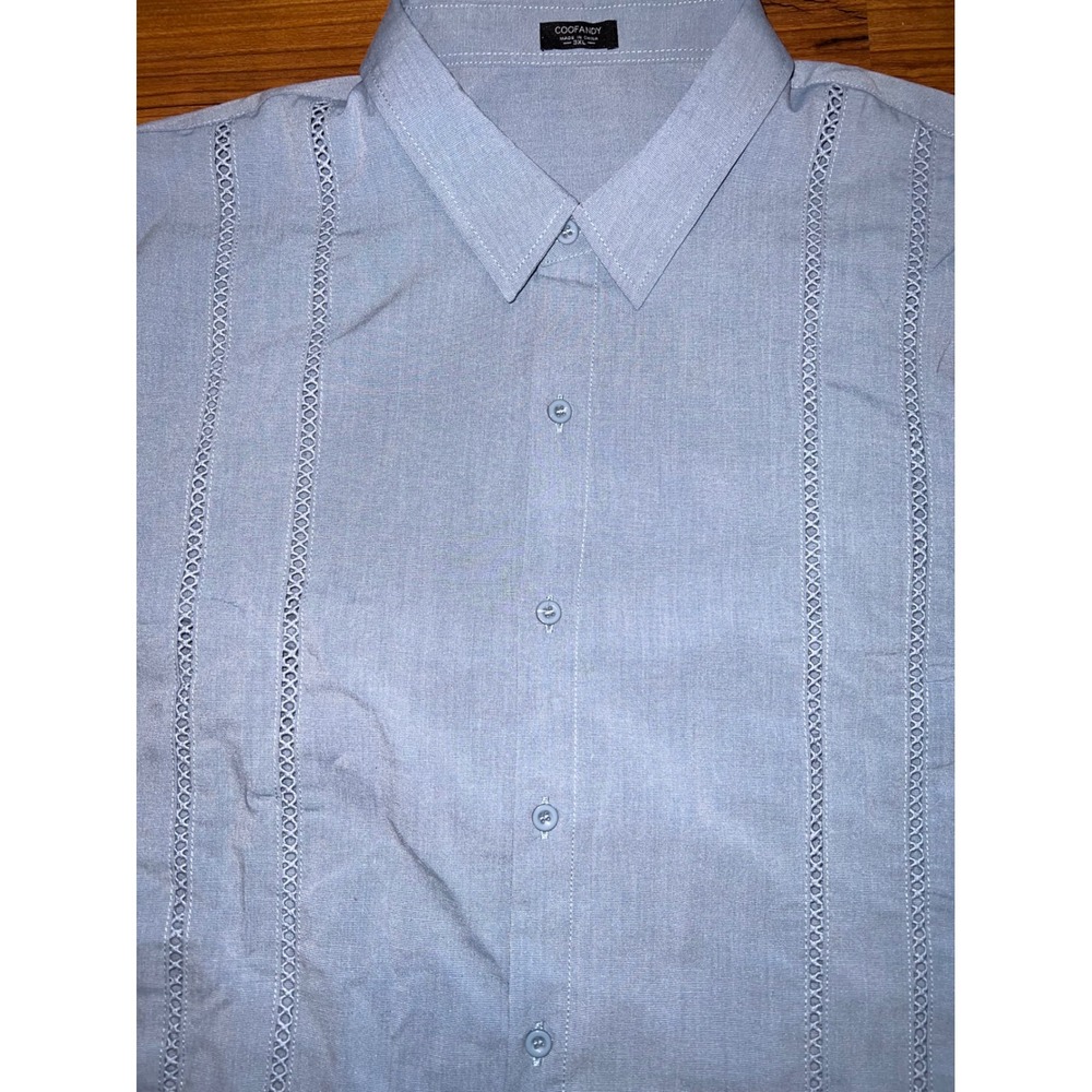 COOFANDY Mens 3XL Light Blue Guayabera Style Long Sleeve Lace Panel Button Shirt - Picture 4 of 10
